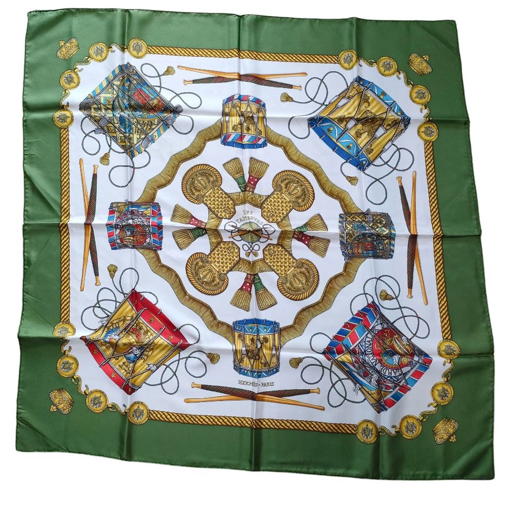 ◇HERMES エルメス LES TAMBOURS タンブールの太鼓 カレ90 青系 シルク