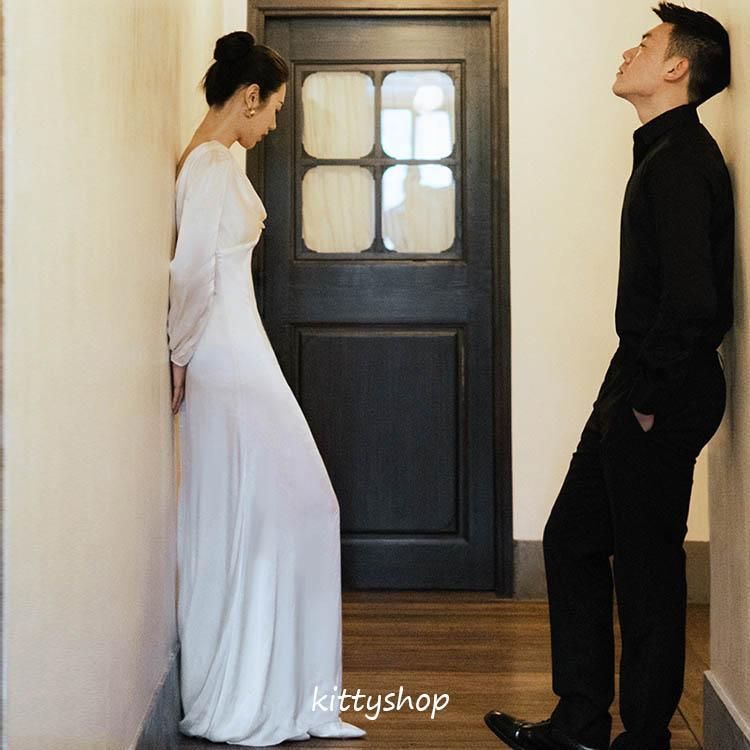 ウェディングドレス 白 サテン 二次会ドレス マーメイドドレス 長袖  