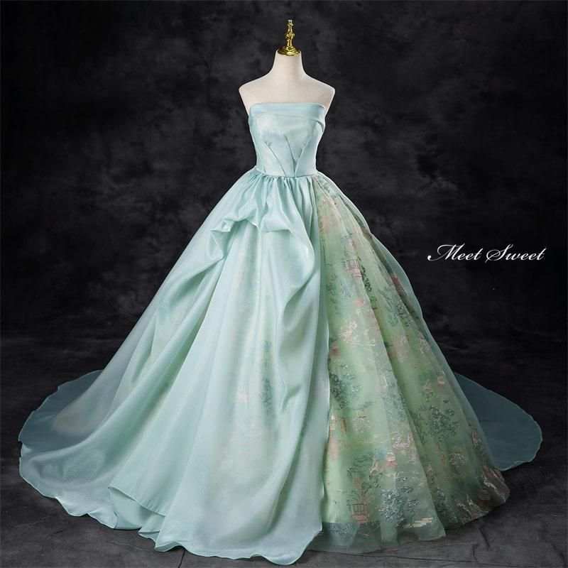 カラードレス グリーン ベアトップ オーガンジー 刺繍