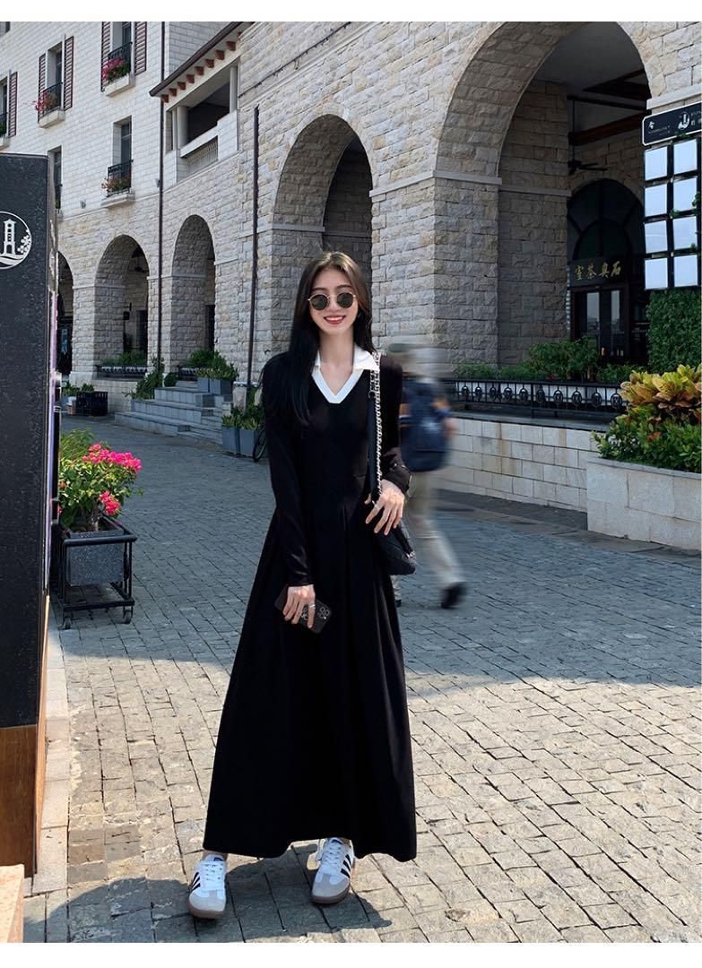 春セクシーコントラストニットドレスロング丈ワンピース