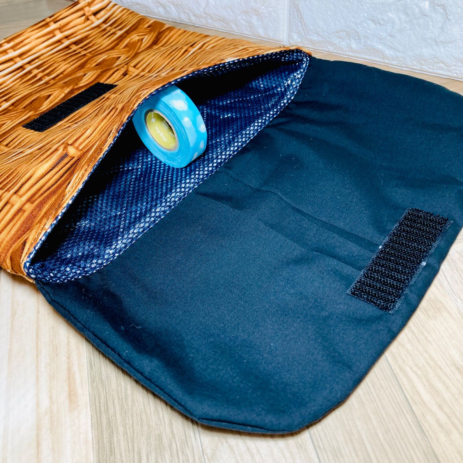 お弁当袋 ハンドメイド 保冷 保冷バッグ ランチバッグ 黒×バスケット柄 