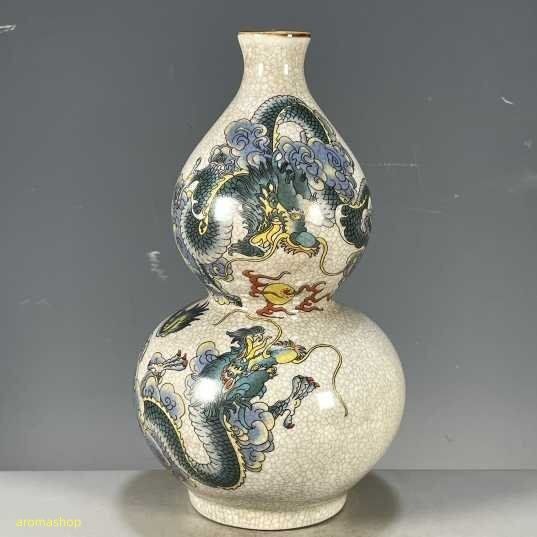 五彩龍紋瓢箪賞瓶 置物 開片 装飾品 花瓶 磁器 中国陶磁 収蔵品