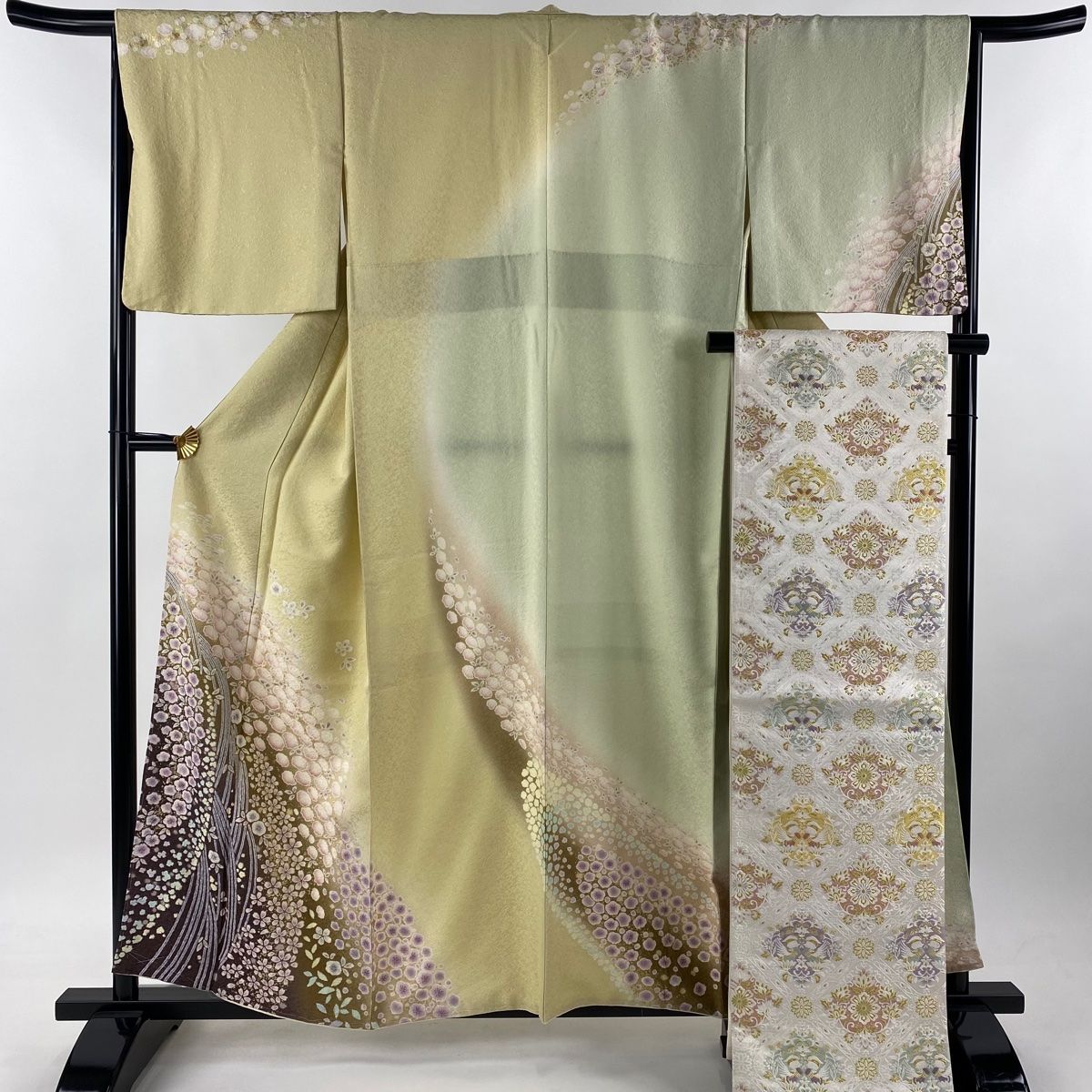 訪問着 身丈158cm 裄丈67cm M 袷 袋帯セット 桜 草花 銀通し 金彩 ベージュ 正絹 名品