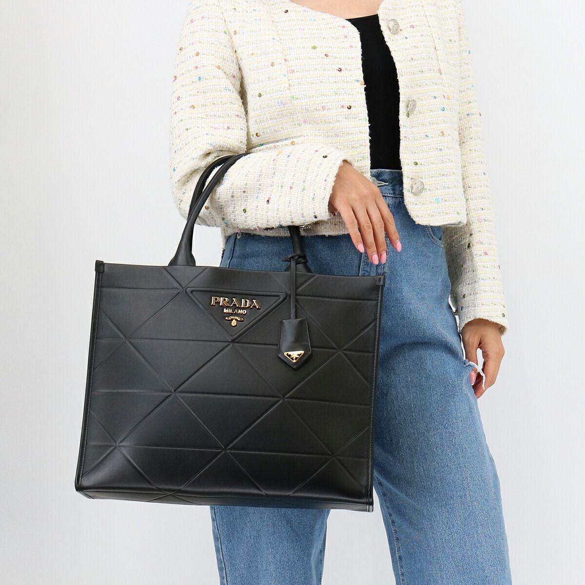 PRADA プラダ シンボル トップステッチ レザー ラージ バッグ 1BA377 