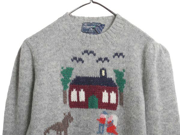 なクーポン配布中! 80s シェットランド ウール デザイン ニット セーター レディース S 程| ヴィンテージ バーズアイ 絵柄 手編み ハンドメイド イラスト 灰