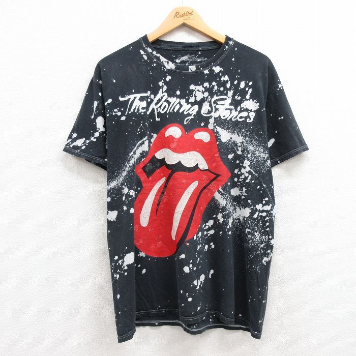 L/古着 半袖 ロック バンド Tシャツ メンズ ローリングストーンズ コットン クルーネック 黒 ブラック ブリーチ加工 24aug06 中古