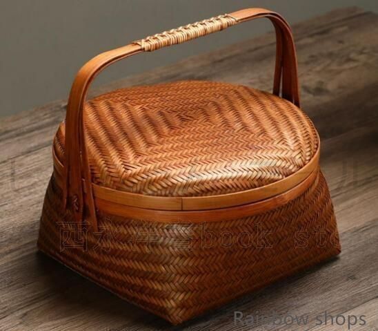 極上品 竹細工 茶道収納 蓋付竹カゴ 手作工芸品 菓子折り 便攜 新品 furusatochoice_6218523