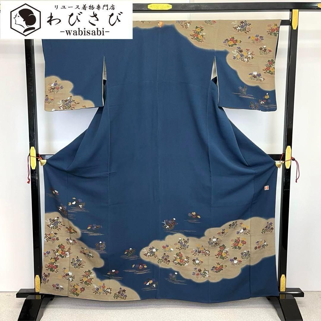 訪問着 花井幸子 雲柄に鮮やかな花模様 濃藍色 縮緬 K-3754 - メルカリ 