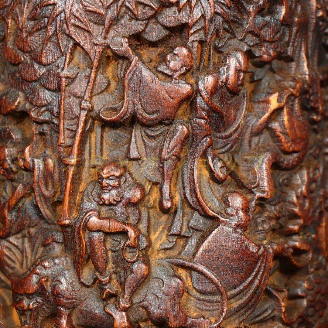 竹 彫刻 十八羅漢筆箱 書道具 文房具 現代 置物