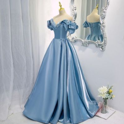 ドレス ロングドレス パーティードレス 結婚式 二次会 オフショルダー パフスリーブ ブルー プリンセスラインドレス 発表会 演奏会 ステージドレス イブニングドレス 大人 0817