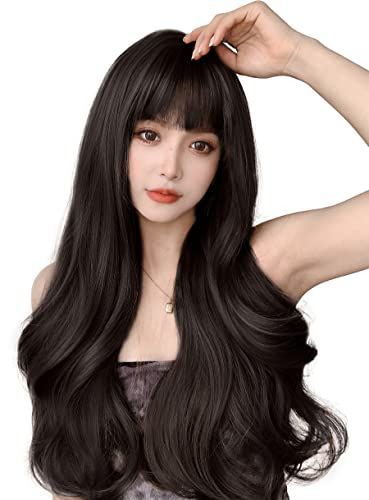 ナチュラルブラック 68cm ウィッグ ロング カール ウェーブ かつら フルウィッグ ギャル 自然 セミロング 女性 ぱっつん 小顔 人気 耐熱 wig 原宿系 ファッション ネット櫛付き ナチュラルブラ