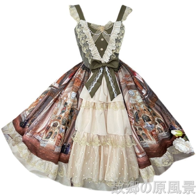 ロリータ Lolita宮殿油絵風ワンピース スリップスカート 優雅 kkkkln