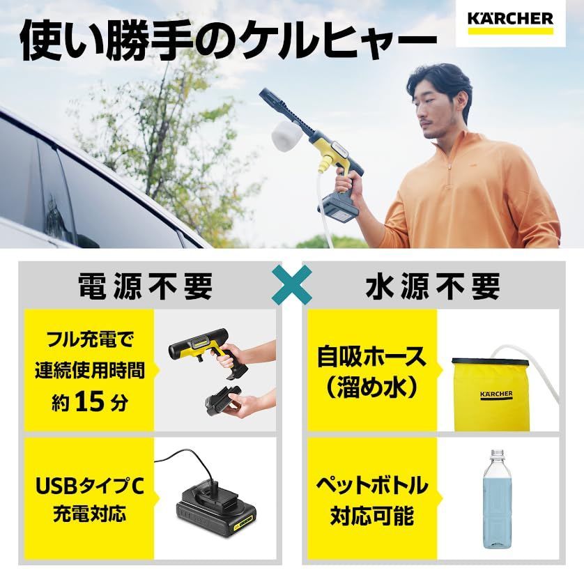 ケルヒャー Karcher コードレス高圧洗浄機 OC 5 Handy CB USB-C充電式 10W以上推奨 水道接続不要 丈夫なホース 5in1ノズル 安全ロック機能搭載 薄型バッテリー ペットボトル使用 軽量 洗車 1.328-143.0