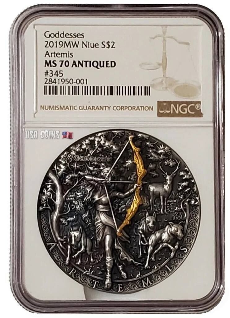 2019 2 Oz Silver $5 Niue Itgoddesess ARTEMIS NGC MS70 Antique Finish Coin.