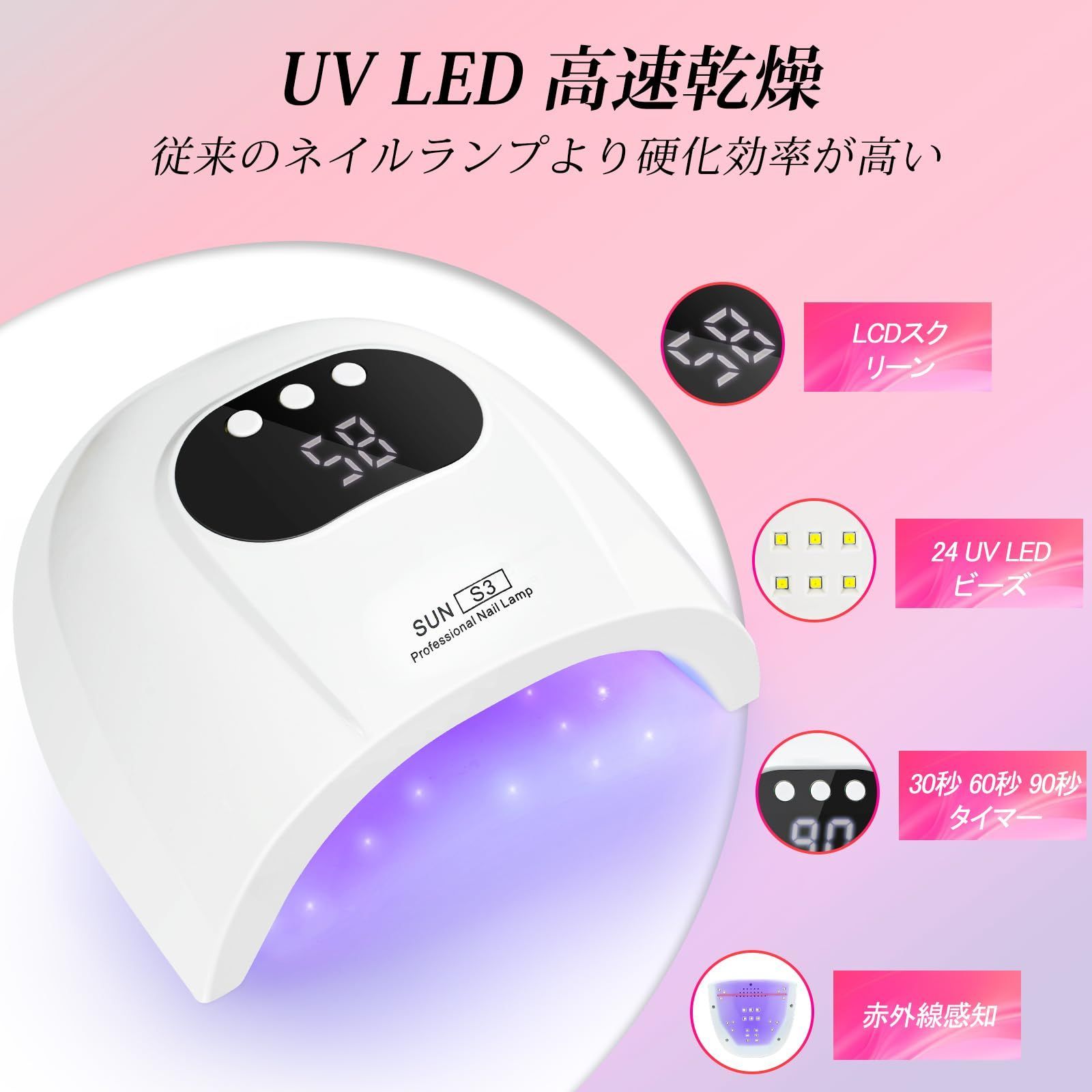 2024最新 UV LED ジェルネイルライト】88W ライト レジン用 24LEDs ネイルライト 三階段タイマー 硬化ライト 高速硬化 全ジェル対応 レジンライト 自動感知センサー 日本語説明書 手足両用 - メルカリ