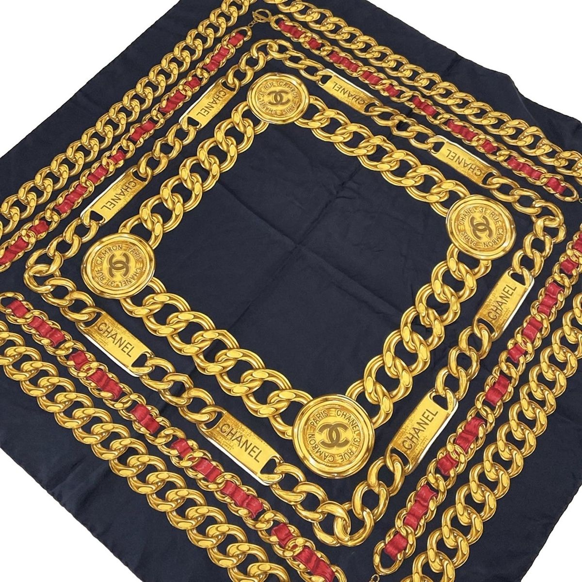 CHANEL シャネル スカーフ 黒×イエロー×レッド チェーン柄