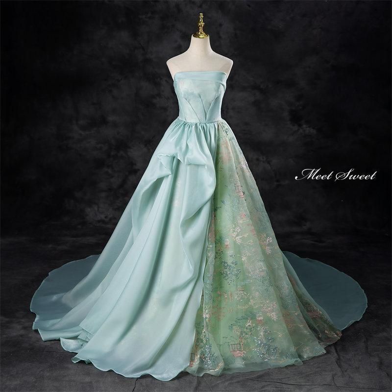 グリーン ベアトップ オーガンジー 刺繍 ウェディングドレス ロングドレス 結婚式 二次会 演奏会 発表会 ステージドレス ウエ カラードレス