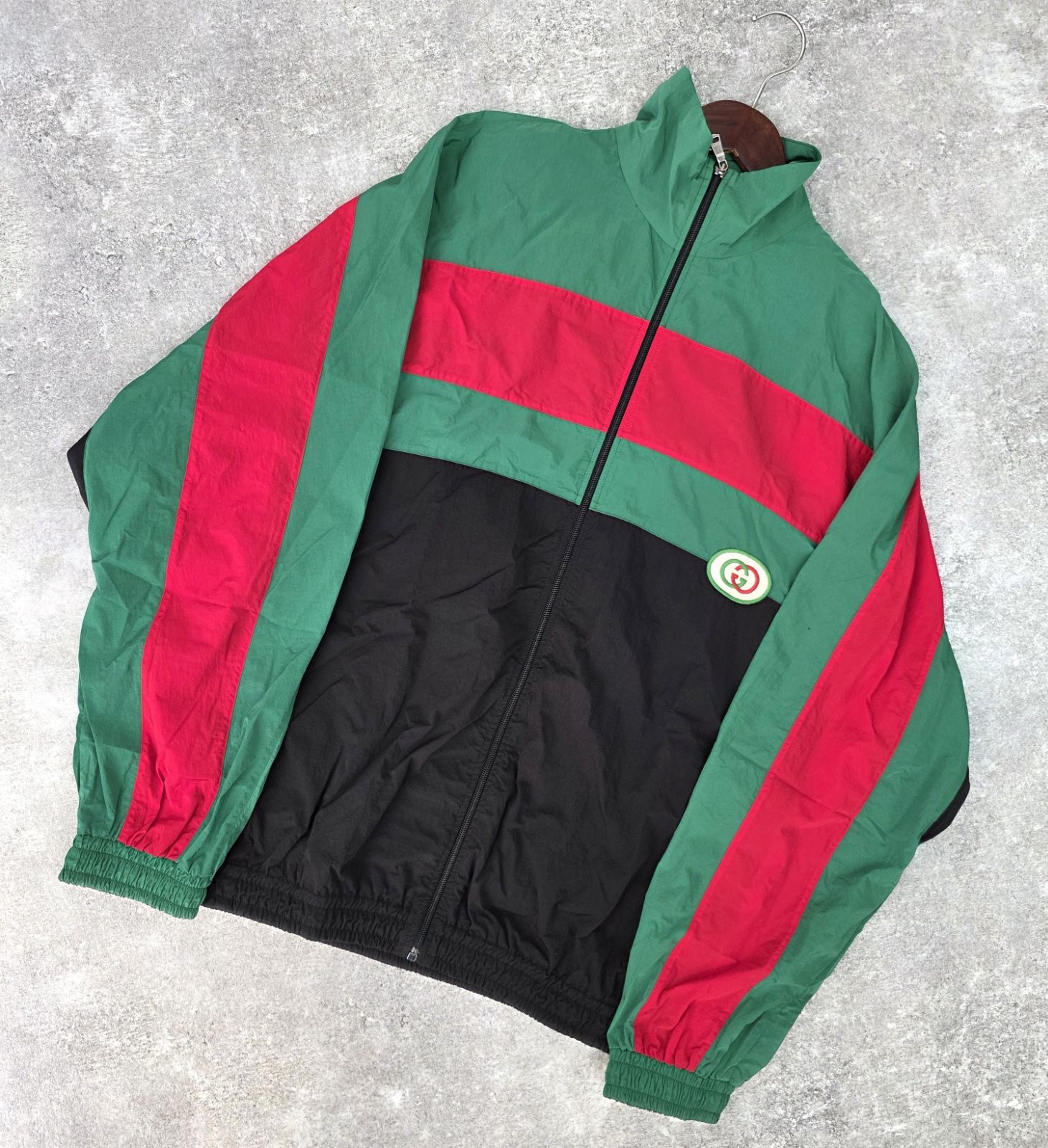 GUCCI グッチ GGマーク トリコロール オーバーサイズ ナイロントラックジャケット ジップジャケット 573308 XL メンズ ブラック×グリーン×レッド PAWNSHOPRiZ パウンショップリズ
