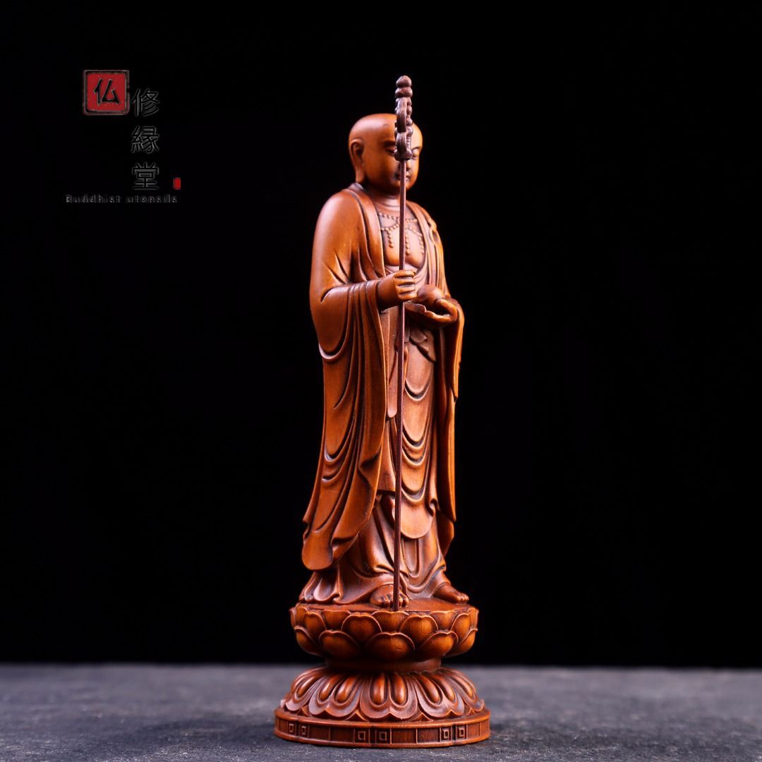 修縁堂】極上品 木彫仏像 地蔵王菩蕯立像 柘植材 仏教工芸 彫刻 仏師で