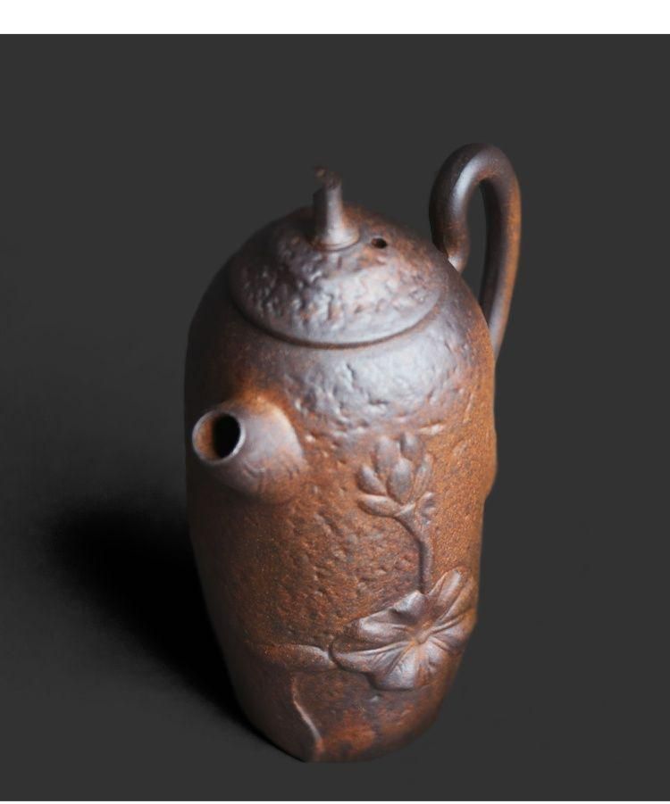 中国茶器 岩鉱陶泥浮彫り荷韻急須 茶道具 煎茶器 新品未使用