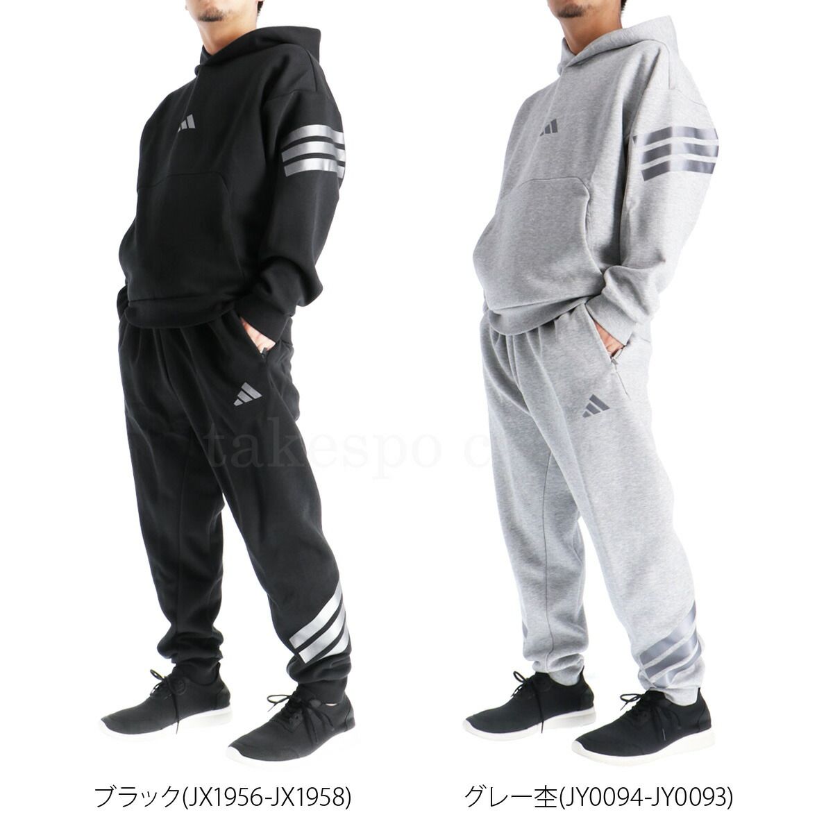 アディダス フューチャー アイコン スウェット 上下 セットアップ メンズ ブランド adidas フード付き フーディ プルオーバー スリーストライプス 3ストライプス 黒 JVN19 上下セット 大きいサイズ 有 スポーツウェア トレーニングウェア