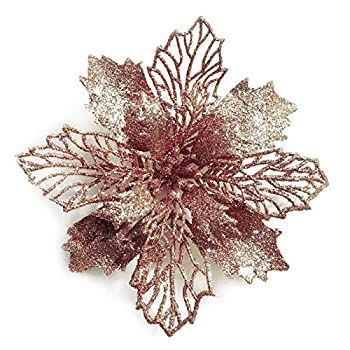 GL-Turelifes 12個パック グリッター 人工ポインセチアフラワー クリスマスツリー フラワーオーナメント 直径6インチ (16cm) グリーンソフトステ