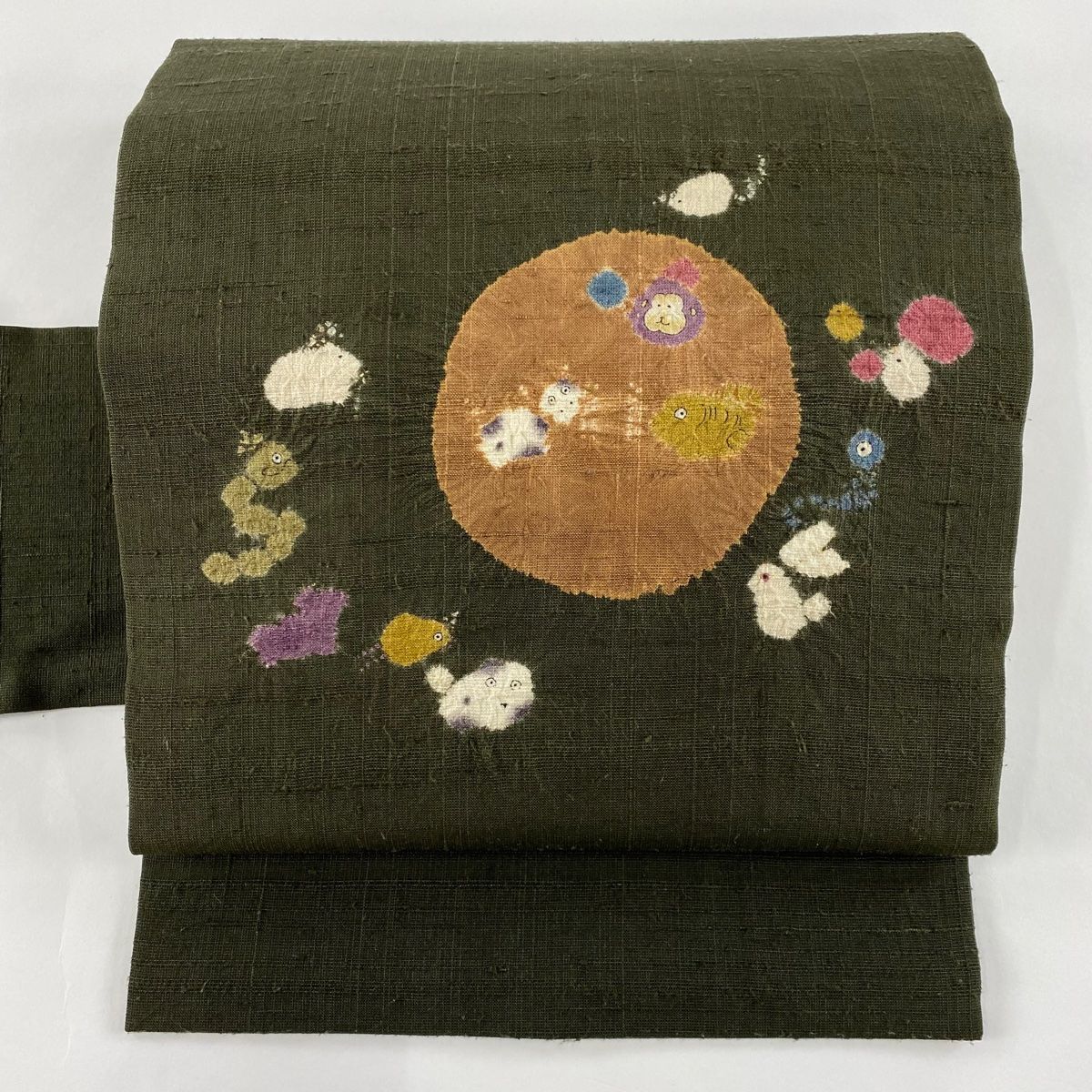 名古屋帯 美品 秀品 紬地 十二支 絞り 深緑 正絹 【中古】（名古屋帯 