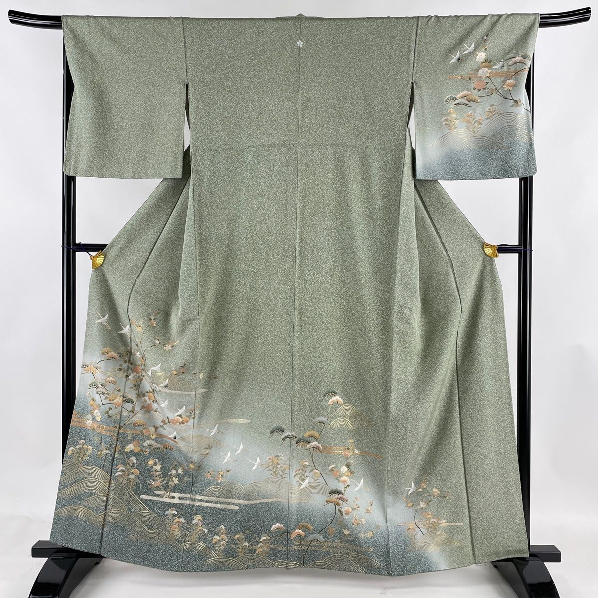 訪問着 身丈162cm 裄丈67.5cm L 袷 花鳥 波 金彩 ぼかし 灰緑 正絹 美 ...