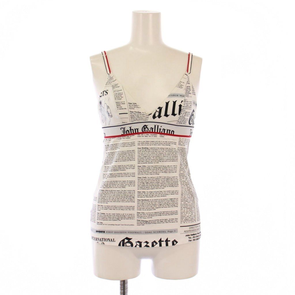 ジョンガリアーノ JOHN GALLIANO キャミソール ストレッチ Vネック 総柄 ニュースペーパー柄 S 白 ホワイト 黒 ブラック |BB