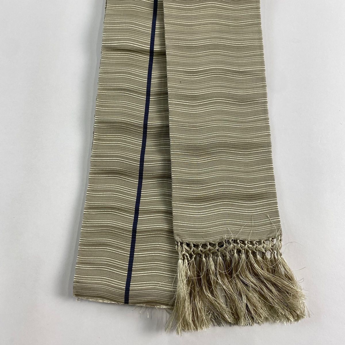 角帯 美品 優品 博多織 証紙 よろけ縞 灰緑 正絹 【中古