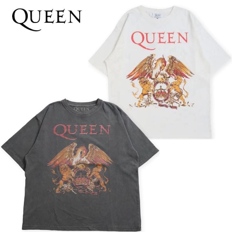 新品 メンズ QUEEN クイーン プリント 半袖 Tシャツ 半袖Tシャツ ティーシャツ ロゴ ロック ロックT バンドT ヴィンテージ加工 ワイドシルエット ユニセックス レディース 白 ホワイト 黒 ブラック スミクロ