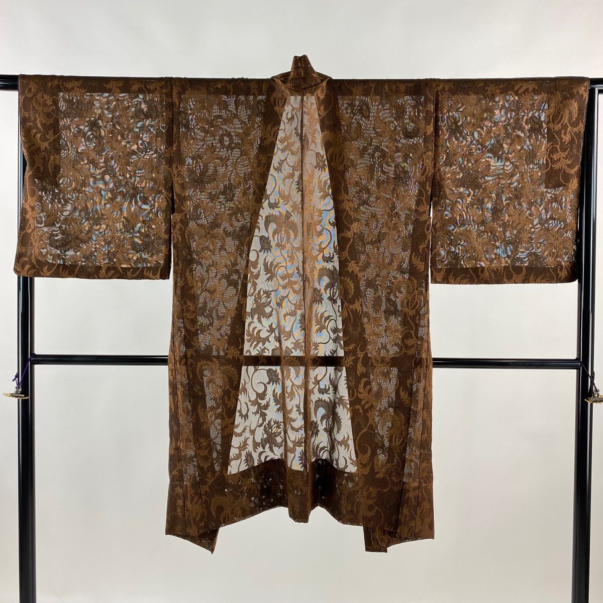 羽織 身丈105.5cm 裄丈69cm L 花唐草 茶色 正絹 美品 逸品 【中古  