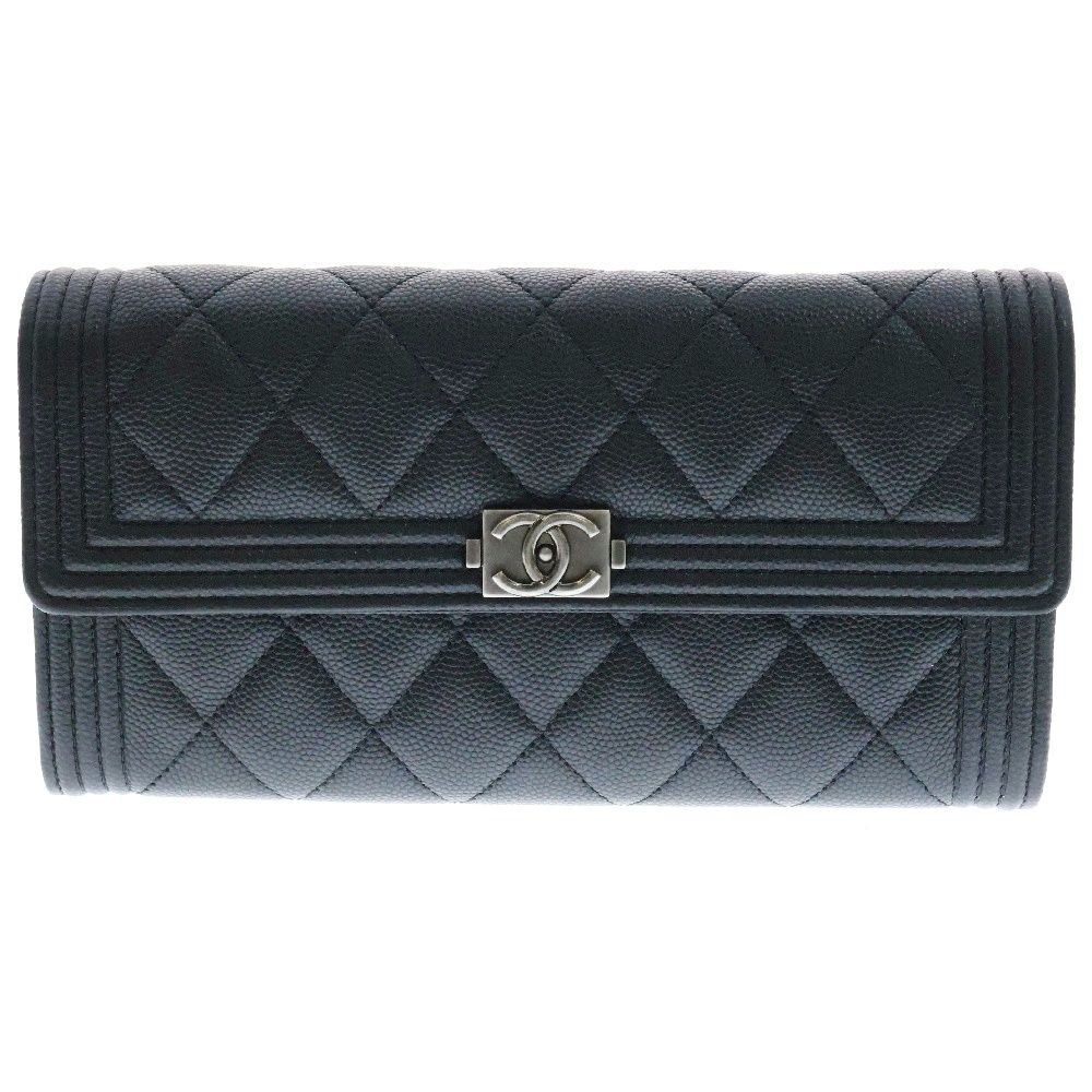 CHANEL シャネル ボーイシャネル ココマーク キャビアスキン ラウンドファスナー ロングウォレット 二つ折り長財布 ランダムシリアル ブラック A80286