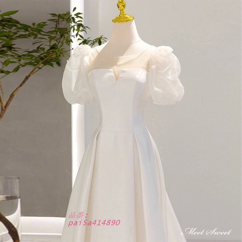 ウェディングドレス ロングドレス Aラインドレス パフスリーブ サテン 可愛い 結婚式 ウエディングドレス 二次会 前撮り 白 花嫁 発表会 ブライダル pai5a414890