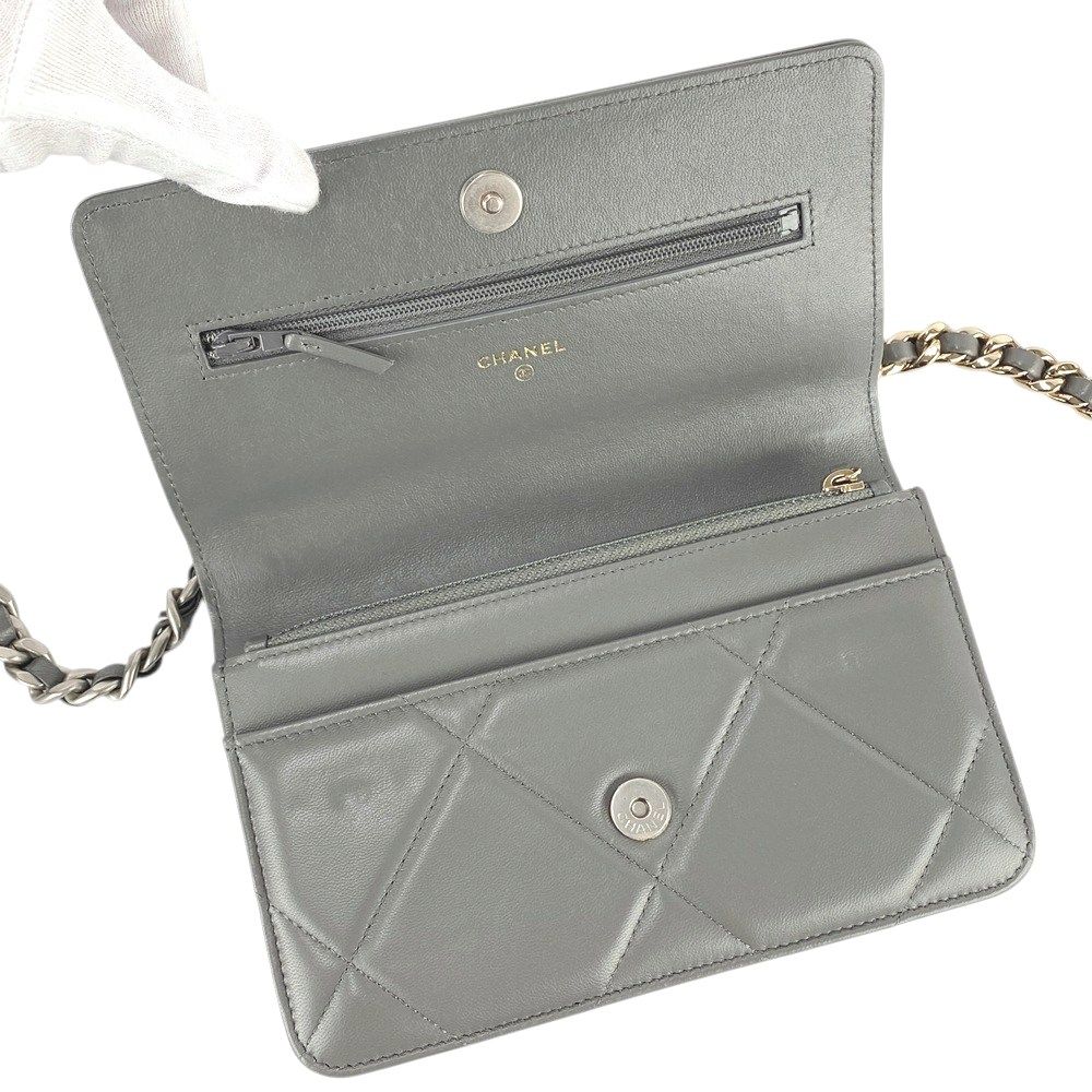 ■美品■　シャネル 19 チェーンウォレット ショルダーウォレット マトラッセ ココ ラム レザー グレー AP0957 箱 【421624】7 □美品□ シャネル 19 チェーンウォレット ショルダーウォレット