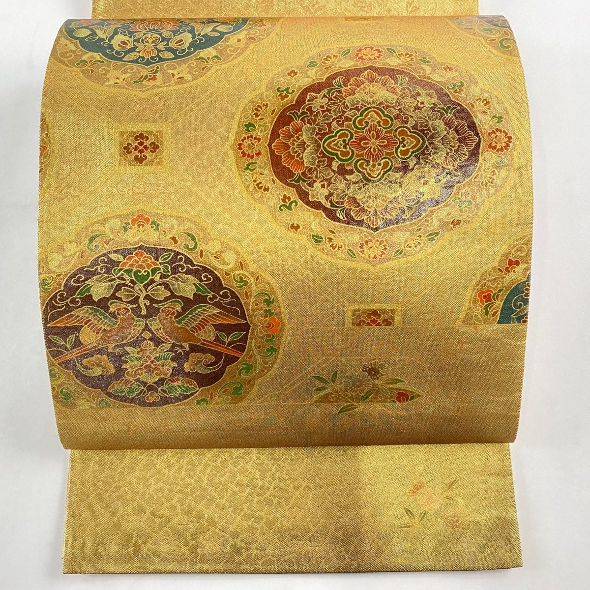 袋帯 美品 秀品 華文 向かい鳥 金彩 箔 金色 お太鼓柄 正絹