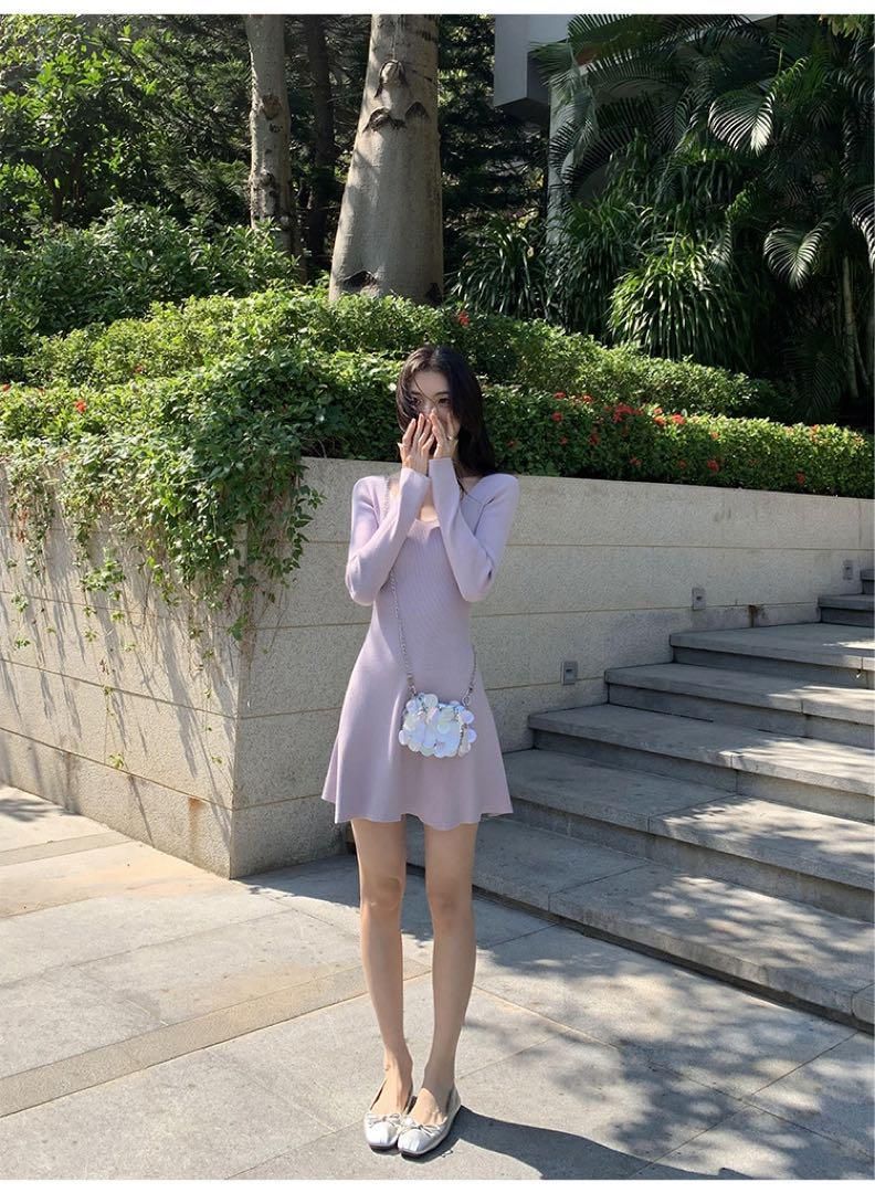 レディースVネックニットミニドレス 春