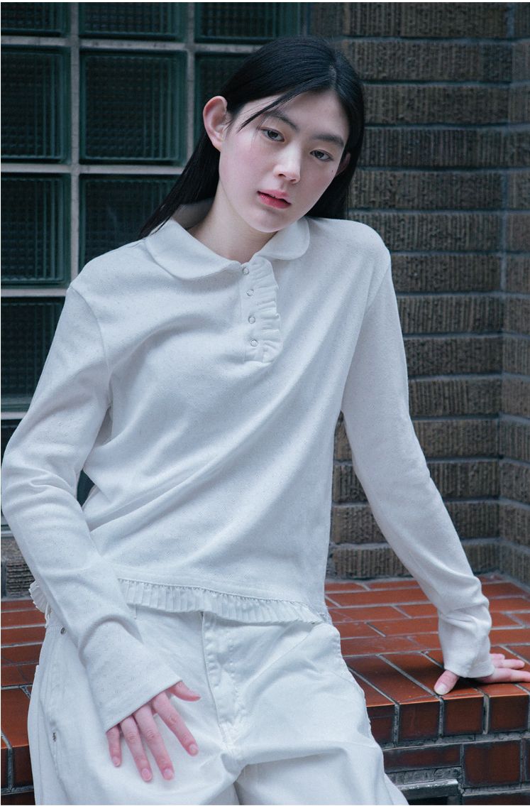  おへしお oheshio ラウンド フリル ロング Tシャツ 白 長袖 Tシャツ カットソー