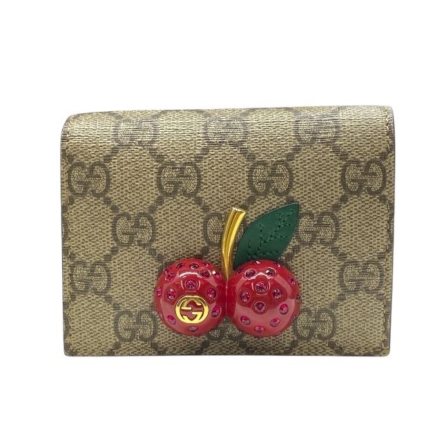 グッチ 476050 GGスプリーム 二つ折り財布 カードケース パスケース 名刺入れ チェリー ラインストーン さくらんぼ キャンバス GUCCI レディース 感 上品デザイン 人気モデル