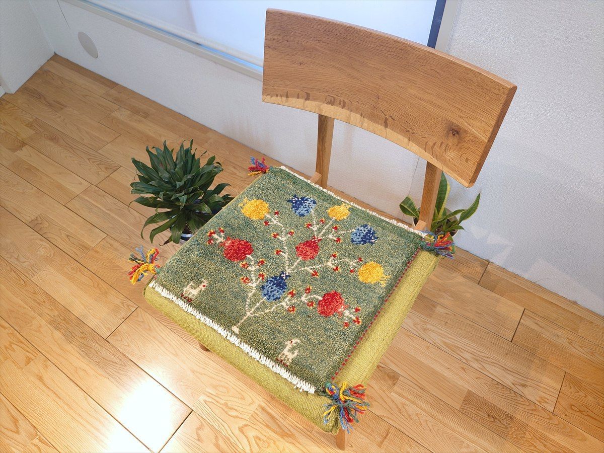 ペルシャ ギャッベ ミニマット 横40.5x40㎝ ザクロの実 緑色 T7882