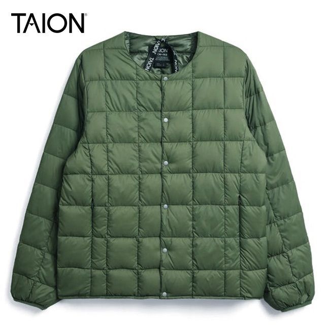 タイオン メンズ ベーシック クルーネックボタン インナーダウンジャケット 定番無地 TAION-104 ライトダウンジャケット ダークセージグリーン