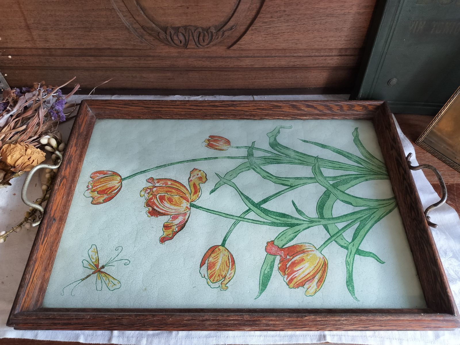 フランス アンティーク 花装飾 ガラス付き 大きい 木製 トレー