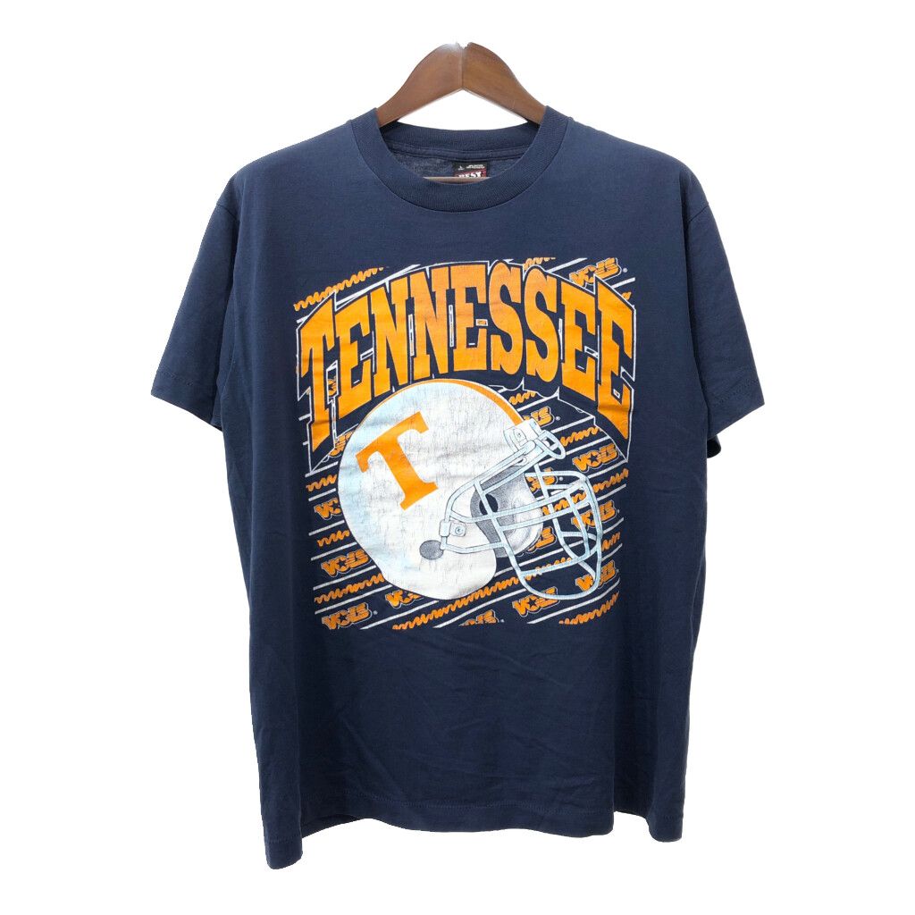90年代 USA製 FRUIT OF THE LOOM テネシー カレッジ アメフト 半袖Ｔシャツ ロゴ ネイビー (メンズ L) 中古 古着 Q7220