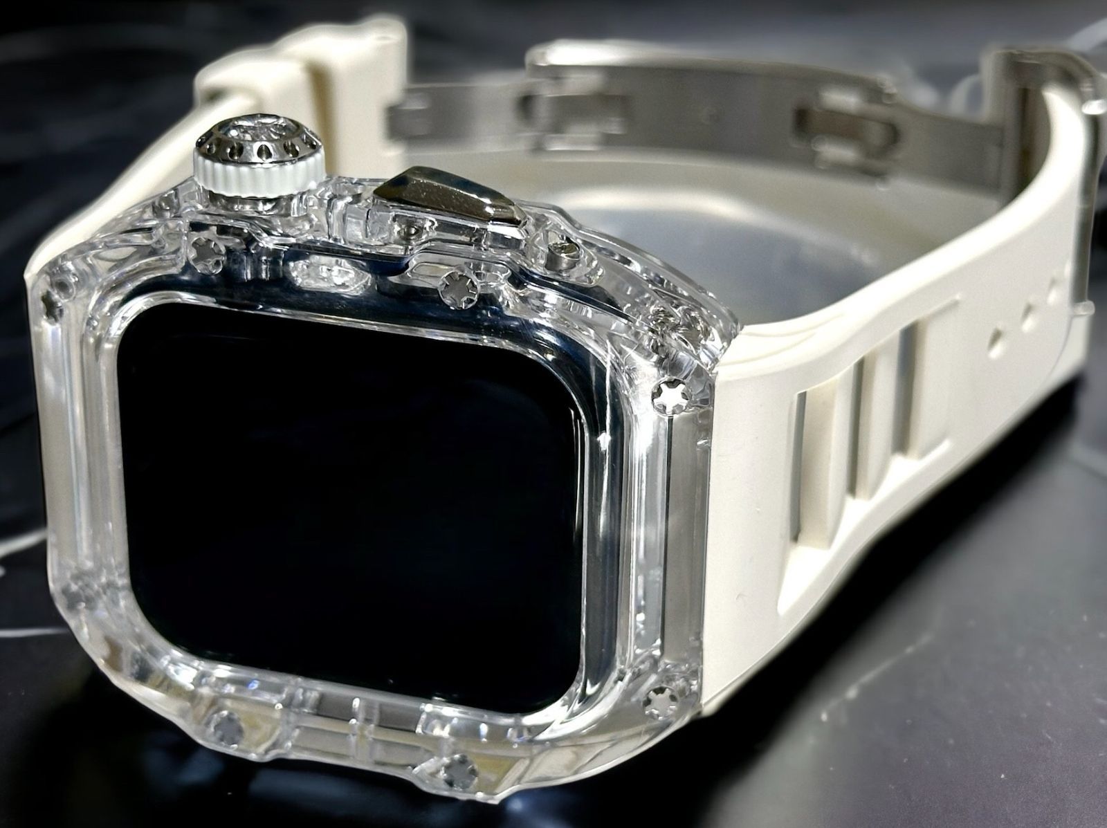クリア-ホワイト シルバー アップルウォッチバンド ラバーベルト カバー Apple Watch クリア ケース 44mm 45mm 4 5 6 7 8 9 se スポーツ メンズ レディース