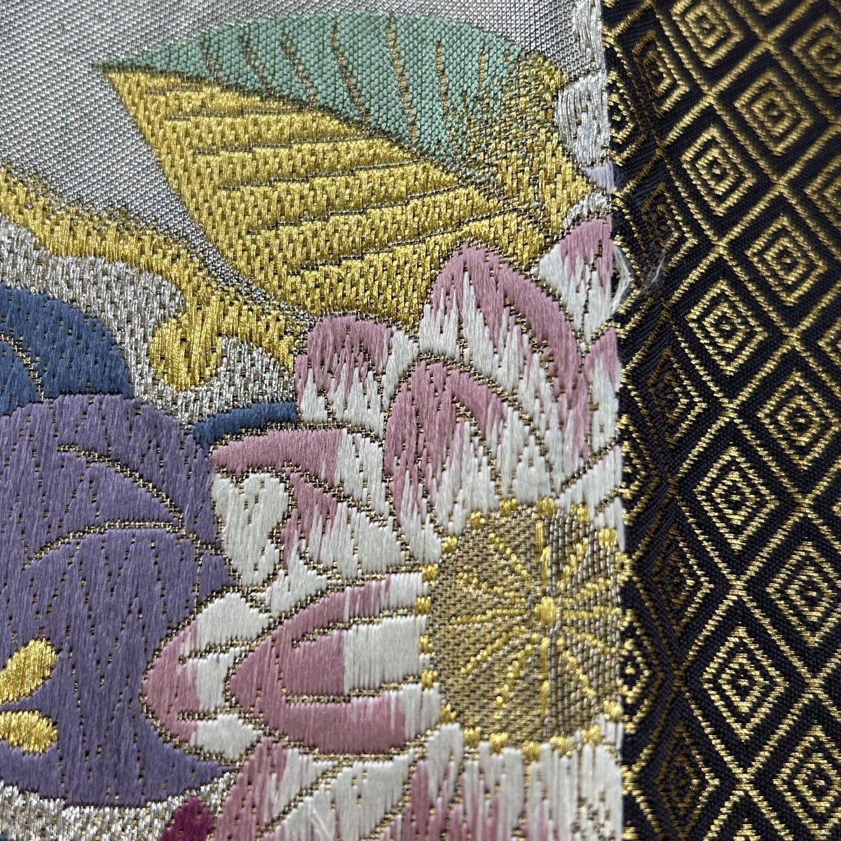 袋帯 秀品 雪輪 草花 箔 金銀糸 銀色 六通 正絹 【中古】