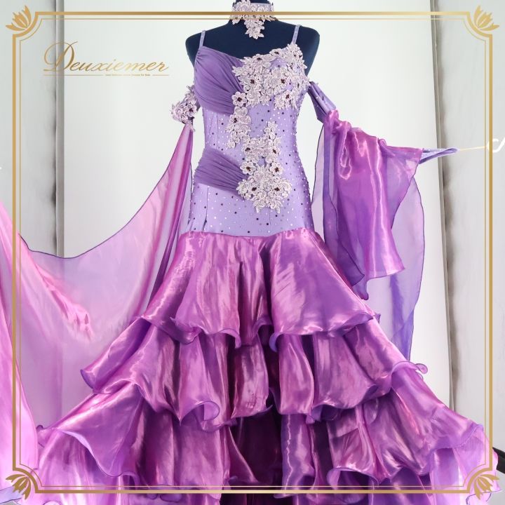 社交ダンス 衣装 ドレス ドレス ワンピース フロート デモ 競技 ダンス パーティ フリル レース 紫 パープル系 豪華 スカート 光沢 女性用 Lサイズ パーティードレス 競技用ダンス 上品