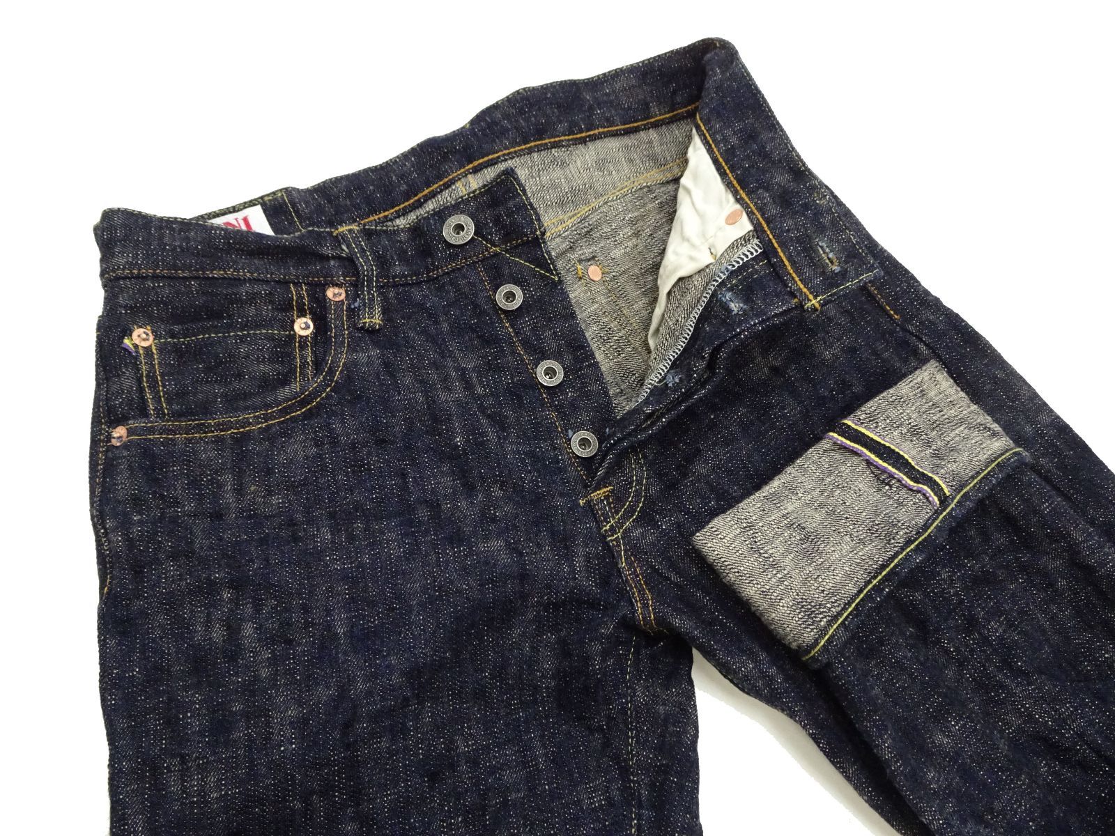 ONI DENIM× BURGUSコラボ　デニムパンツ　32　ボタンフライ　1 鬼デニム ジーンズ ONI505-Kasuri 17oz 鬼絣デニム メンズ