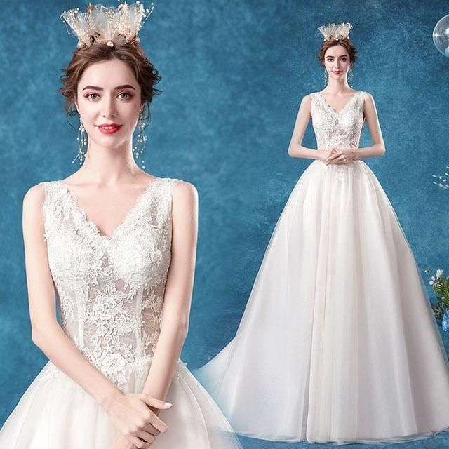 トレーン ウェディングドレス ノースリーブ Vネック 背開き 結婚式ドレス レース ホワイトドレス 花嫁 ブライダルドレス