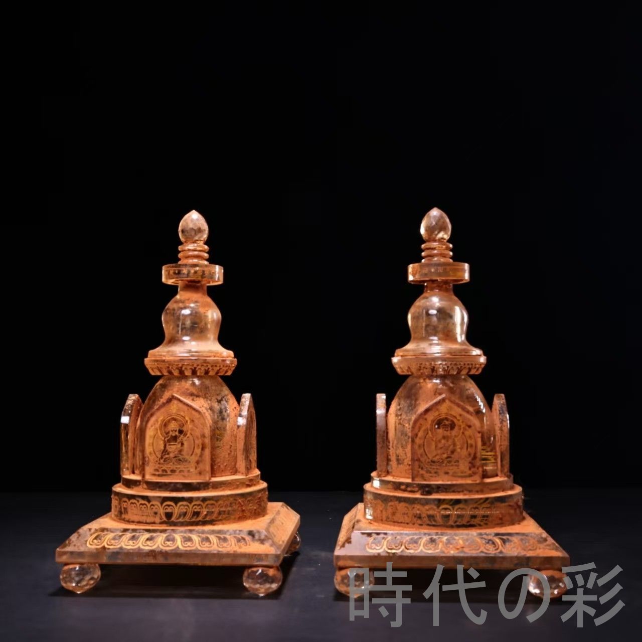 中国古美術 清代 水晶 描金 舎利宝塔 一対 骨董品 古玩 細工 古賞物 置物 時代物 収集 古美味 旧家蔵出 R07100324