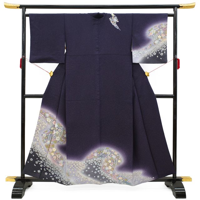 中古】 訪問着 リサイクル 着物 正絹 袷 深紫 ぼかし 辻が花 絞り 銀